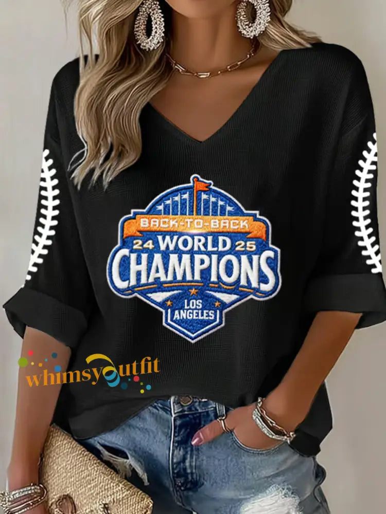 Women’s Baseball World Champions 2025 Print Casual Long-Sleeve T-shirt Black / S