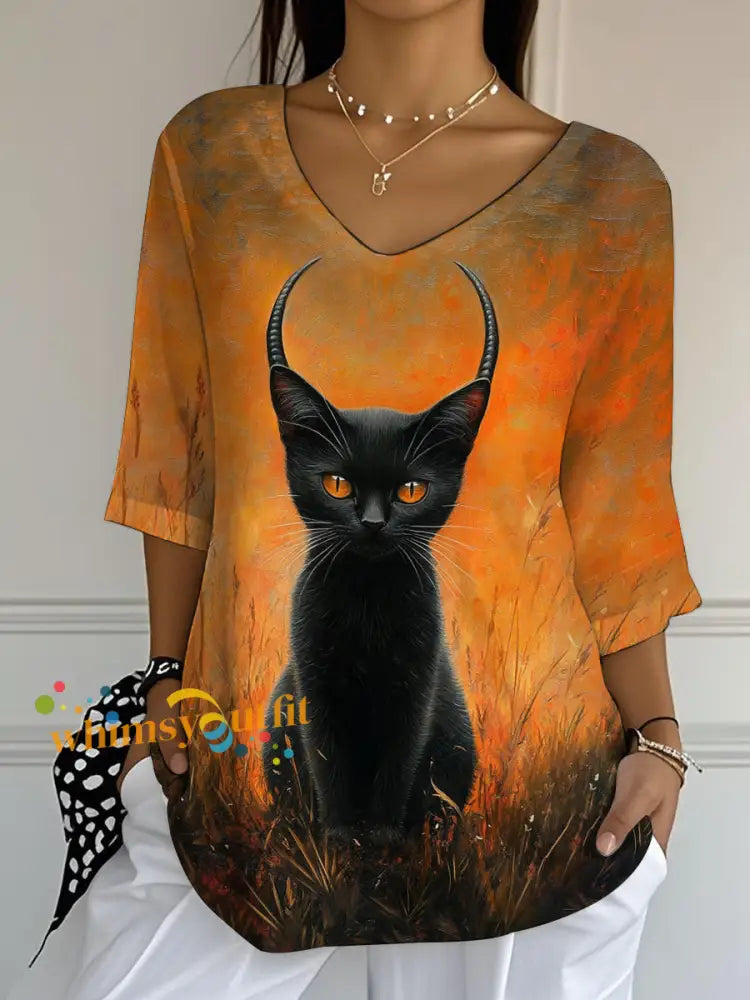 Women’s Black Cat Print Casual Half Sleeve Top