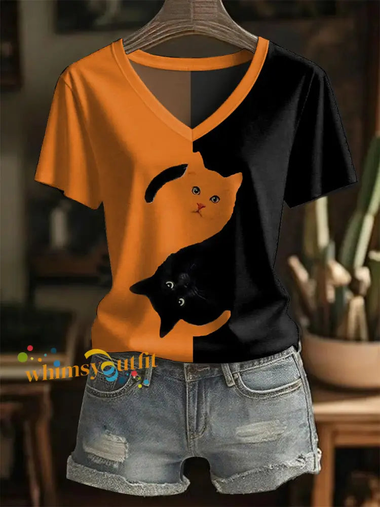 Women’s Black Cat Print Casual V Neck Tee