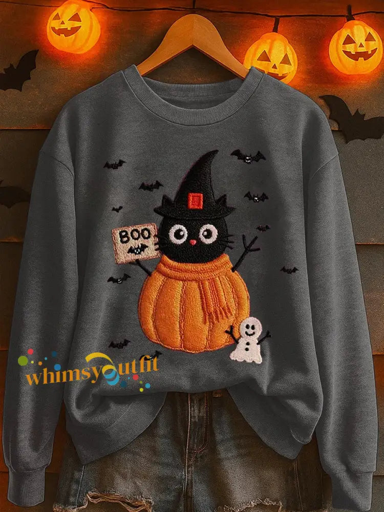 Women’s Black Cat Pumpkin Print Casual Sweatshirt Dark Gray / S