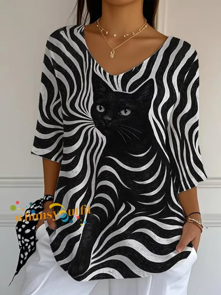 Women’s Black Cat Stripes Casual Long Sleeve Top