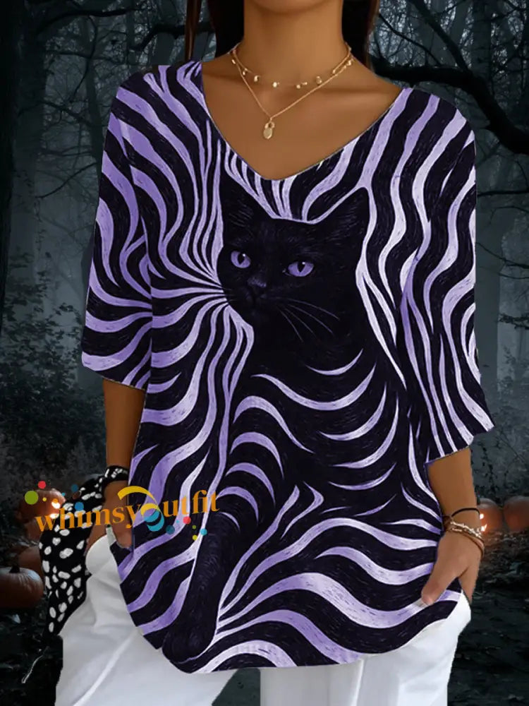 Women’s Black Cat Stripes Casual Long Sleeve Top Purple / S
