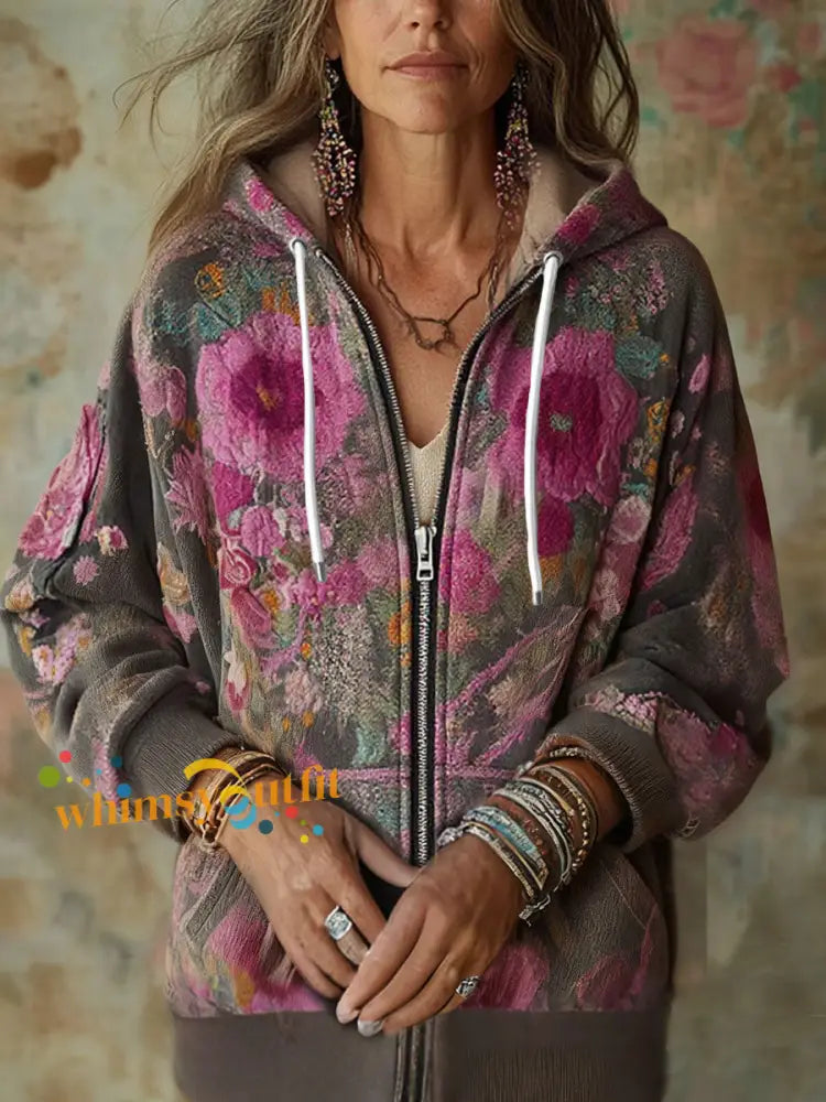 Women’s Boho Breast Cancer Awareness Floral Art Printed Coat As picture / S