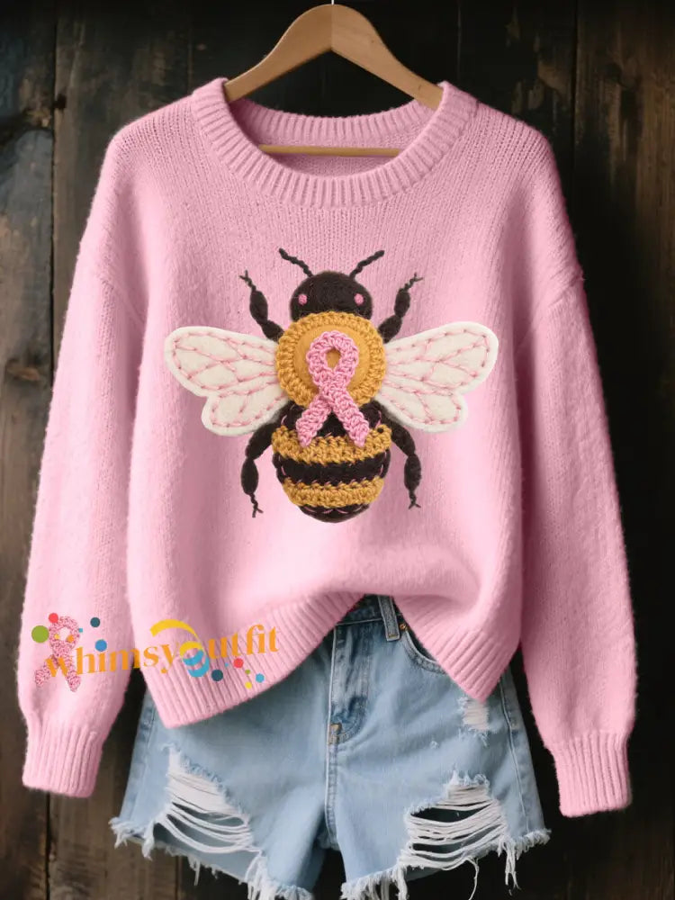 Women’s Breast Cancer Awareness Bee Print Casual Top Pink / S