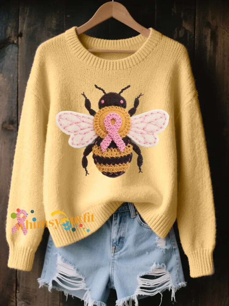 Women’s Breast Cancer Awareness Bee Print Casual Top Yellow / S