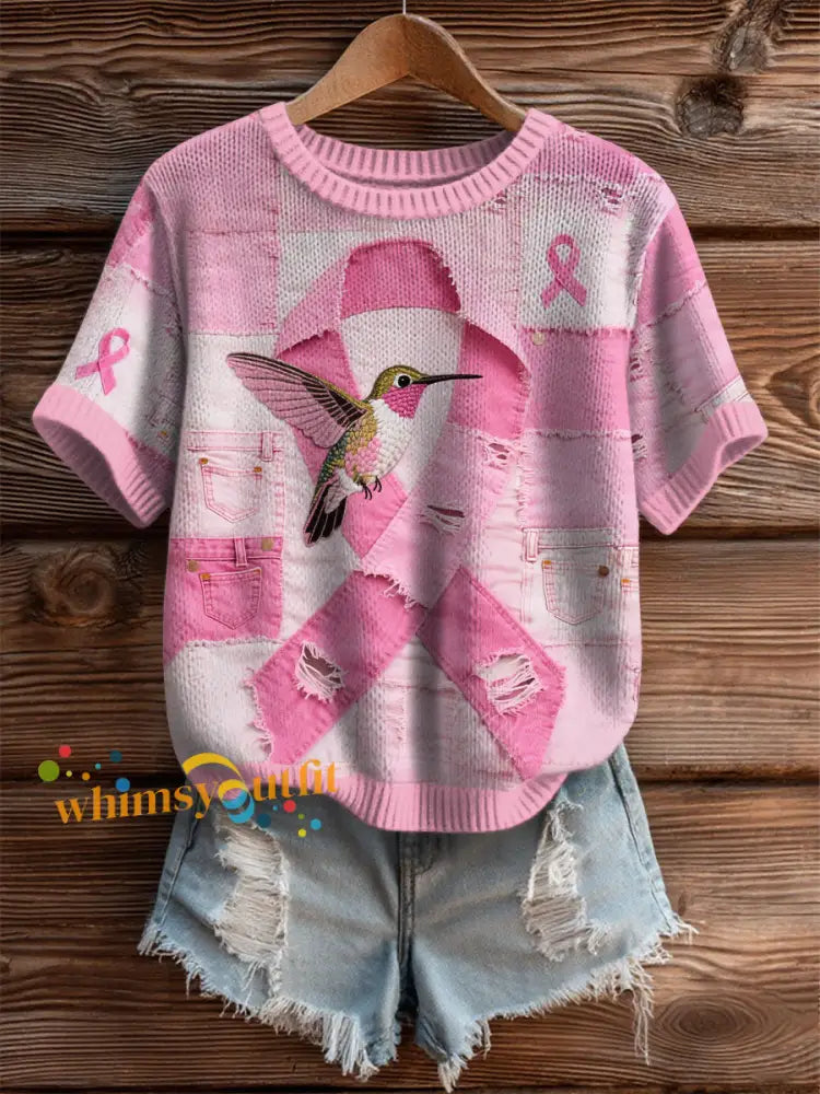 Women’s Breast Cancer Awareness Denim Hummingbird Print T Shirt Pink / S
