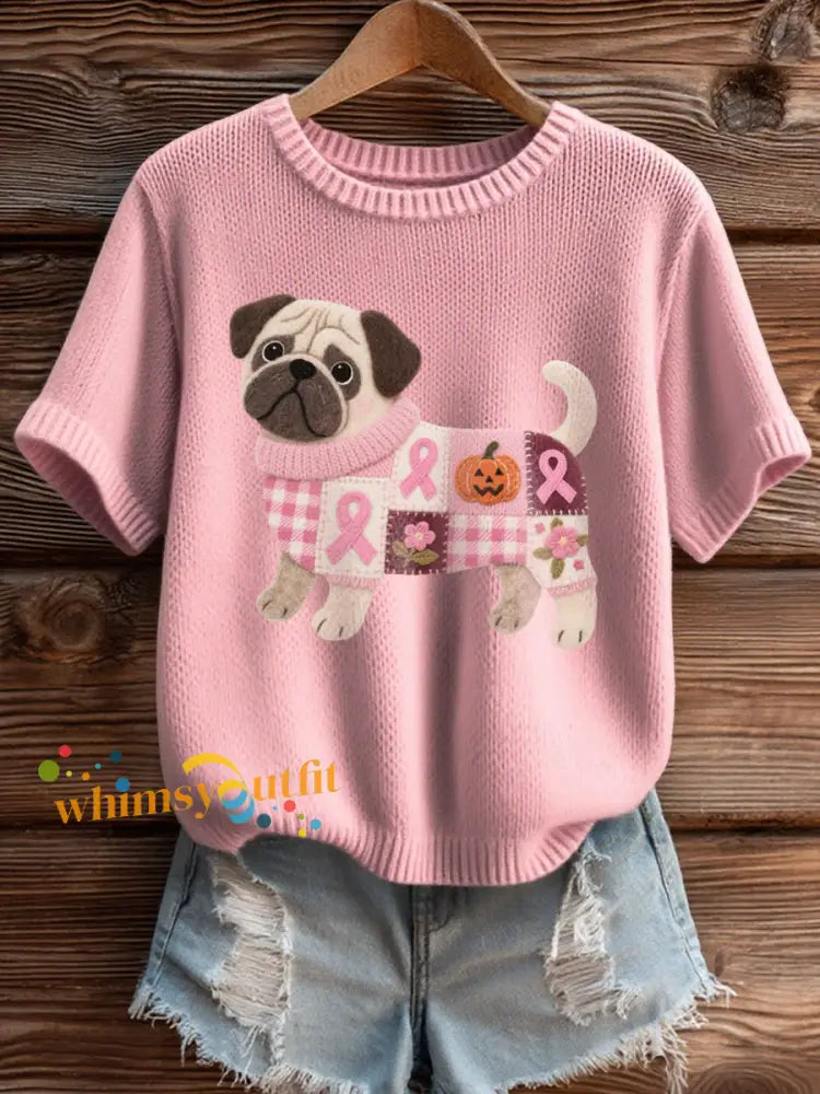 Women’s Breast Cancer Awareness Inspired Pug Pattern Felt Art Cozy Knit Top Pink / S