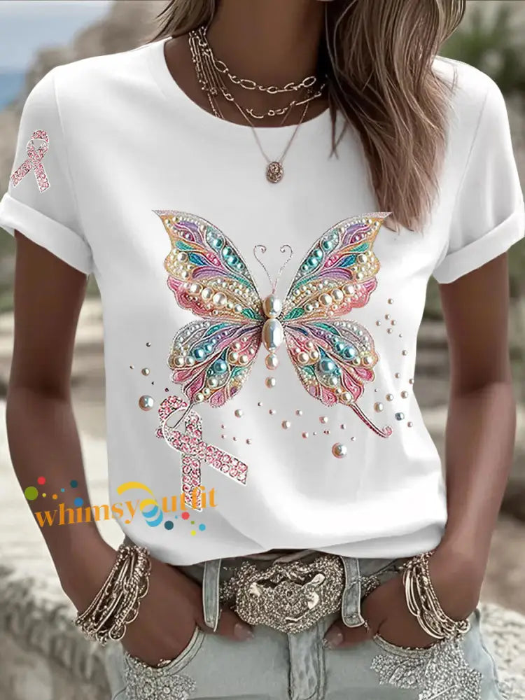 Women’s Breast Cancer Awareness Pink Ribbon Print Casual T shirt White / S