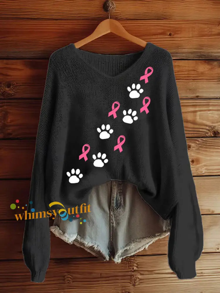 Women’s Breast Cancer Awareness Pink Ribbon Printed V neck Top Black / S