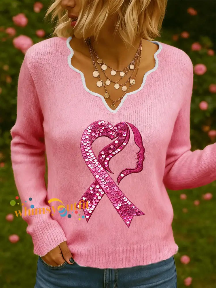 Women’s Breast Cancer Awareness Print Casual Long Sleeve Shirt Pink / S