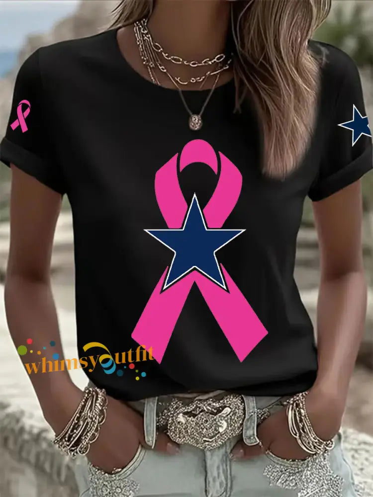 Women’s Breast Cancer Awareness Printed Casual T Shirt Black / S