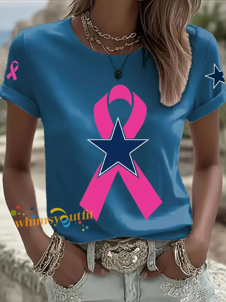 Women’s Breast Cancer Awareness Printed Casual T Shirt Blue / S