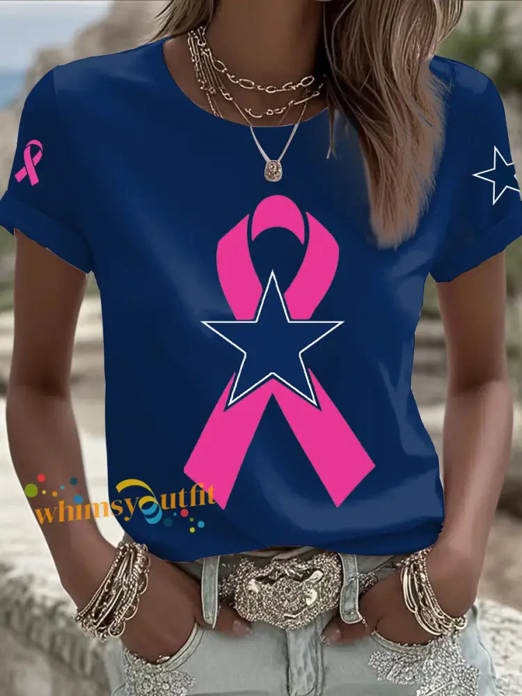 Women’s Breast Cancer Awareness Printed Casual T Shirt Navy Blue / S