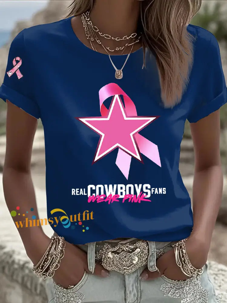 Women’s Breast Cancer Awareness Printed Casual T Shirt Navy Blue / S