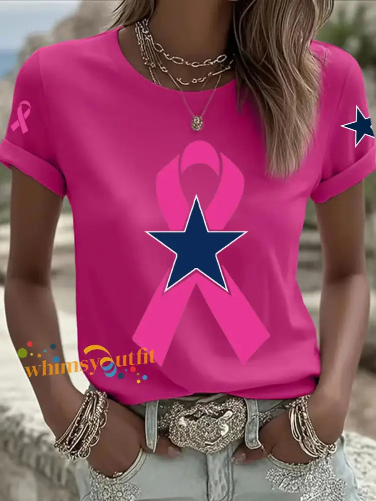 Women’s Breast Cancer Awareness Printed Casual T Shirt Rose Red / S