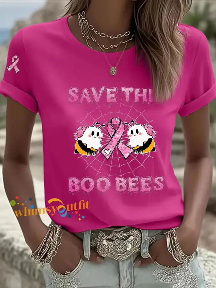 Women’s Breast Cancer Awareness Save The Boo Bees Print Casual T Shirt Rose Red / S
