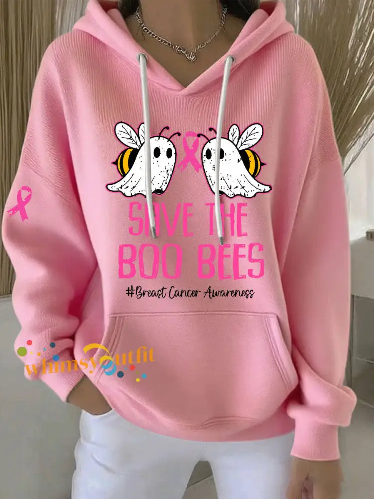 Women’s Breast Cancer Awareness Save The Boo Bees Printed Casual Hoodie Pink / S