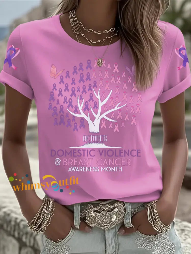 Women’s Breast cancer domestic violence awareness Printed short sleeved T shirt Pink / S