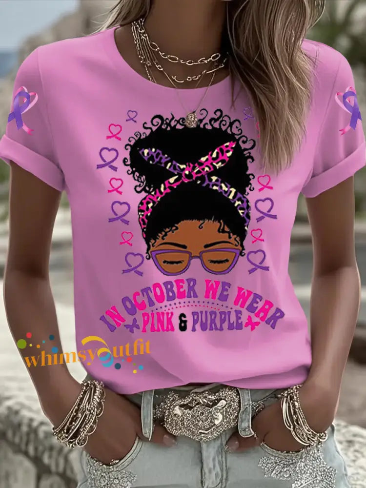 Women’s Breast cancer domestic violence awareness Printed short sleeved T shirt Pink / S