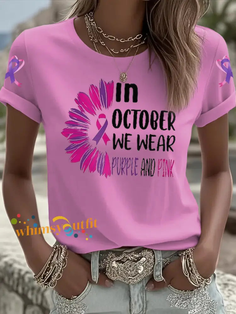 Women’s Breast cancer domestic violence awareness Printed short sleeved T shirt Pink / S