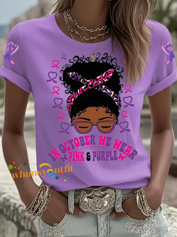 Women’s Breast cancer domestic violence awareness Printed short sleeved T shirt Purple / S