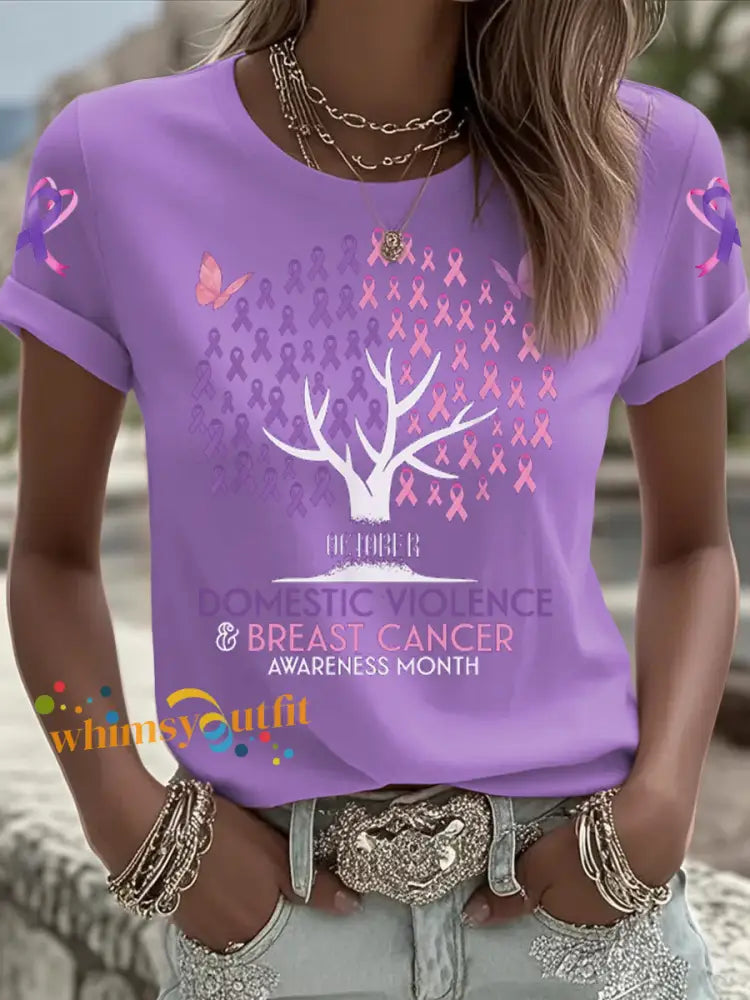 Women’s Breast cancer domestic violence awareness Printed short sleeved T shirt Purple / S