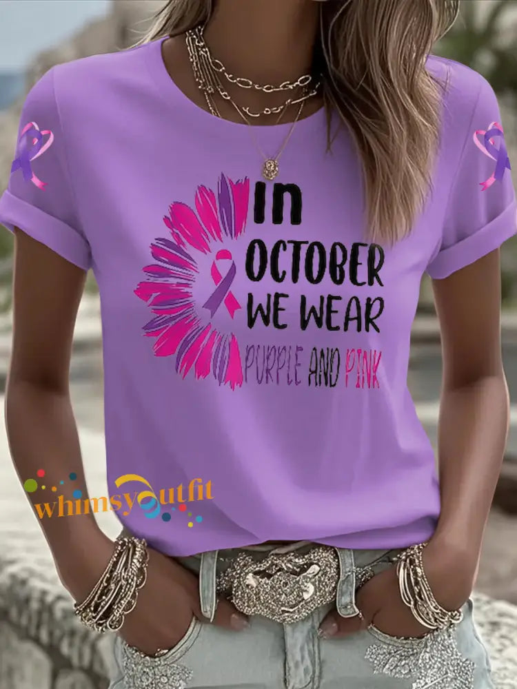 Women’s Breast cancer domestic violence awareness Printed short sleeved T shirt Purple / S