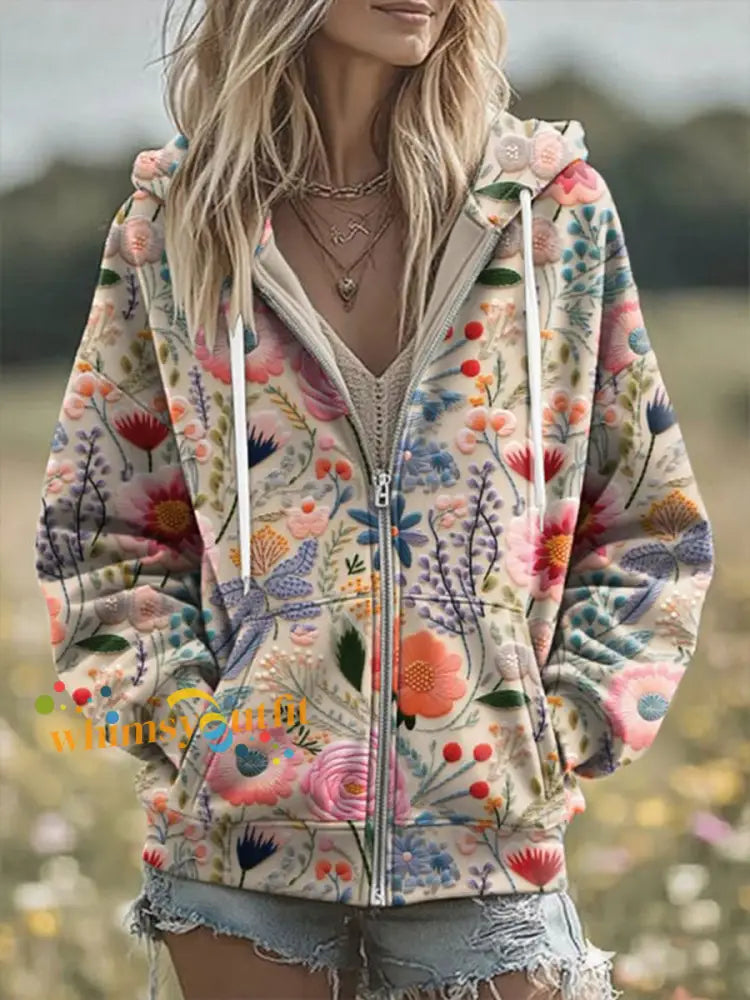 Women’s Women’s Breast Cancer Flowers Print Zip-Up Hoodie As picture / S