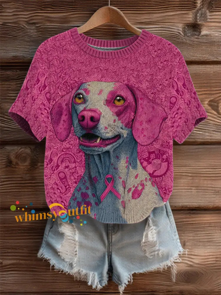 Women’s Breast Cancer Patchwork Dog Art Cozy Knit Top As picture / S