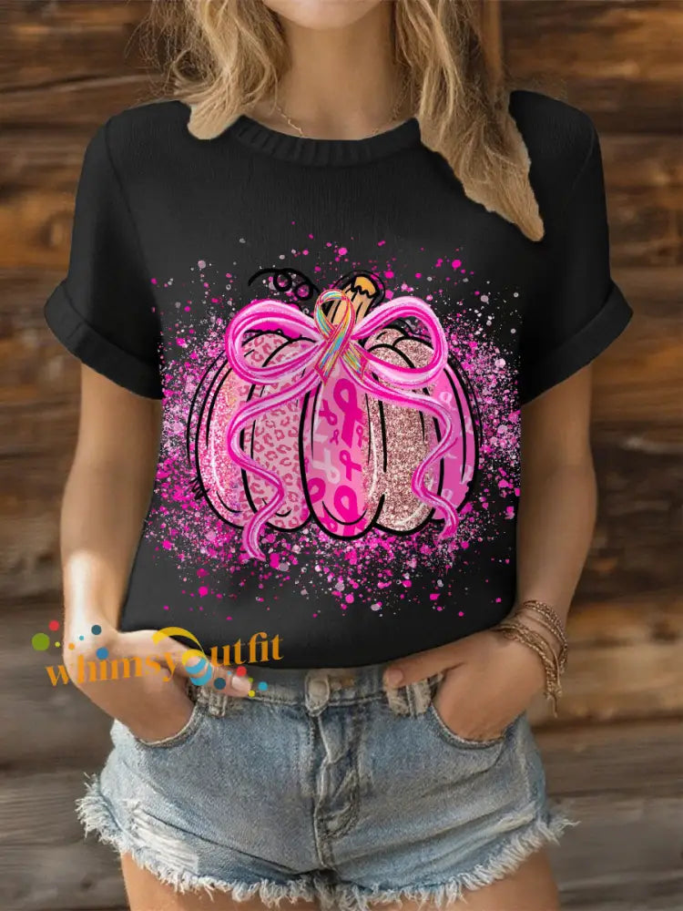 Women’s Breast Cancer Pink Ribbon Pumpkin Tops Black / S