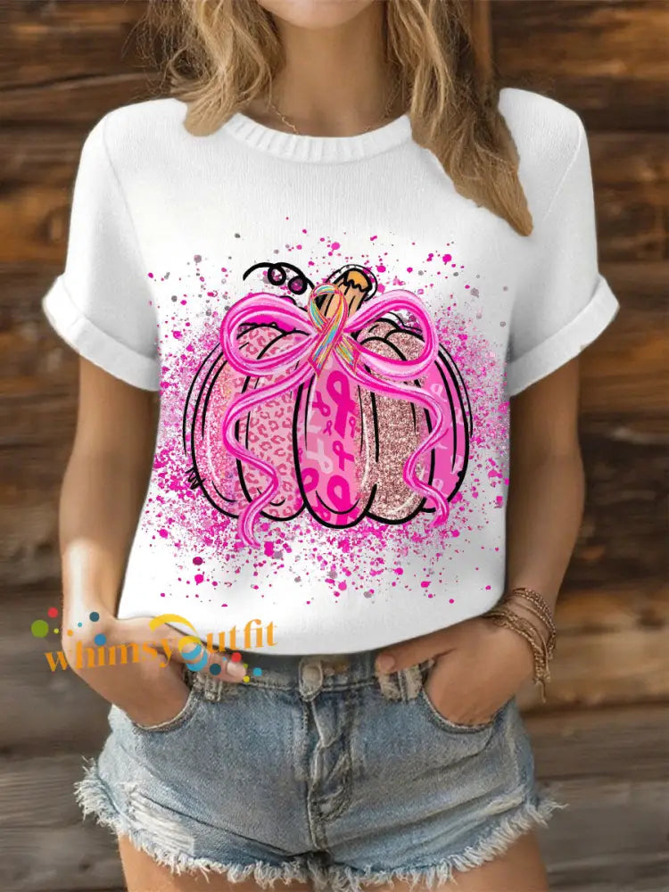 Women’s Breast Cancer Pink Ribbon Pumpkin Tops White / S