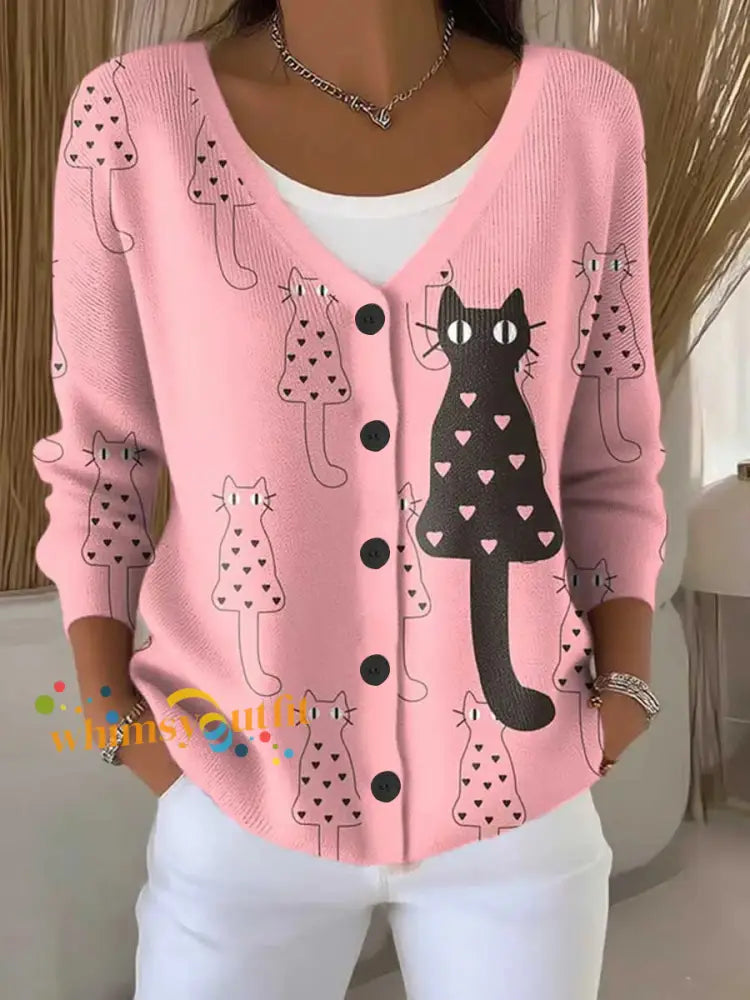Women’s CAT Breast Cancer Awareness Print Buttoned V neck Cardigan Sweater Pink / S