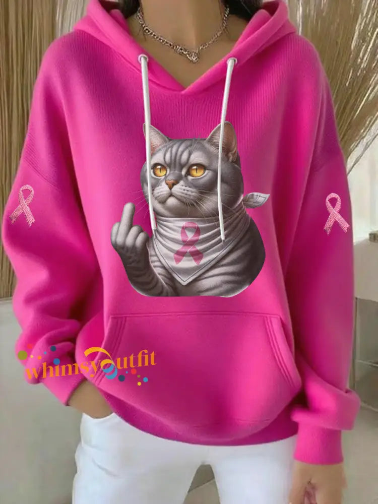 Women’s Cat Pink Ribbon Print Casual Hoodie Rose Red / S