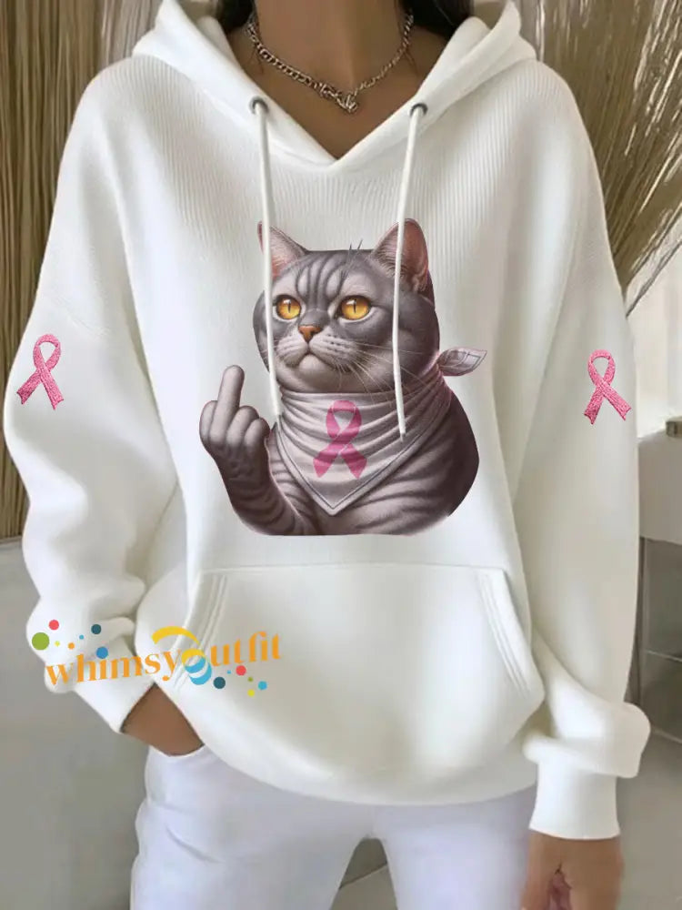 Women’s Cat Pink Ribbon Print Casual Hoodie White / S