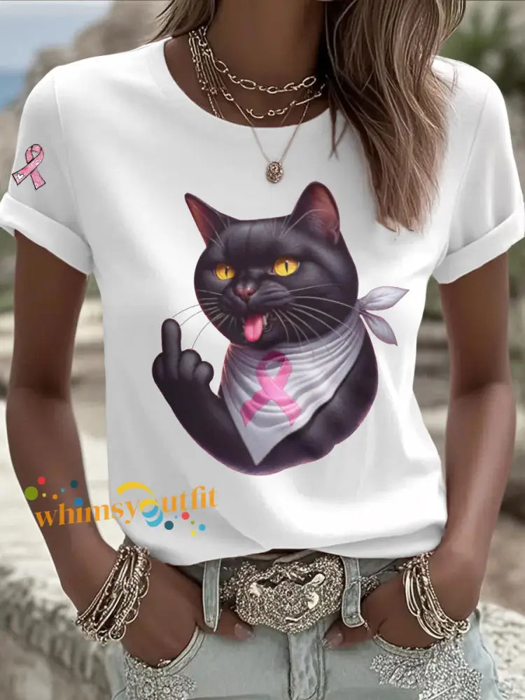 Women’s Cat Pink Ribbon Print Casual T shirt White / S