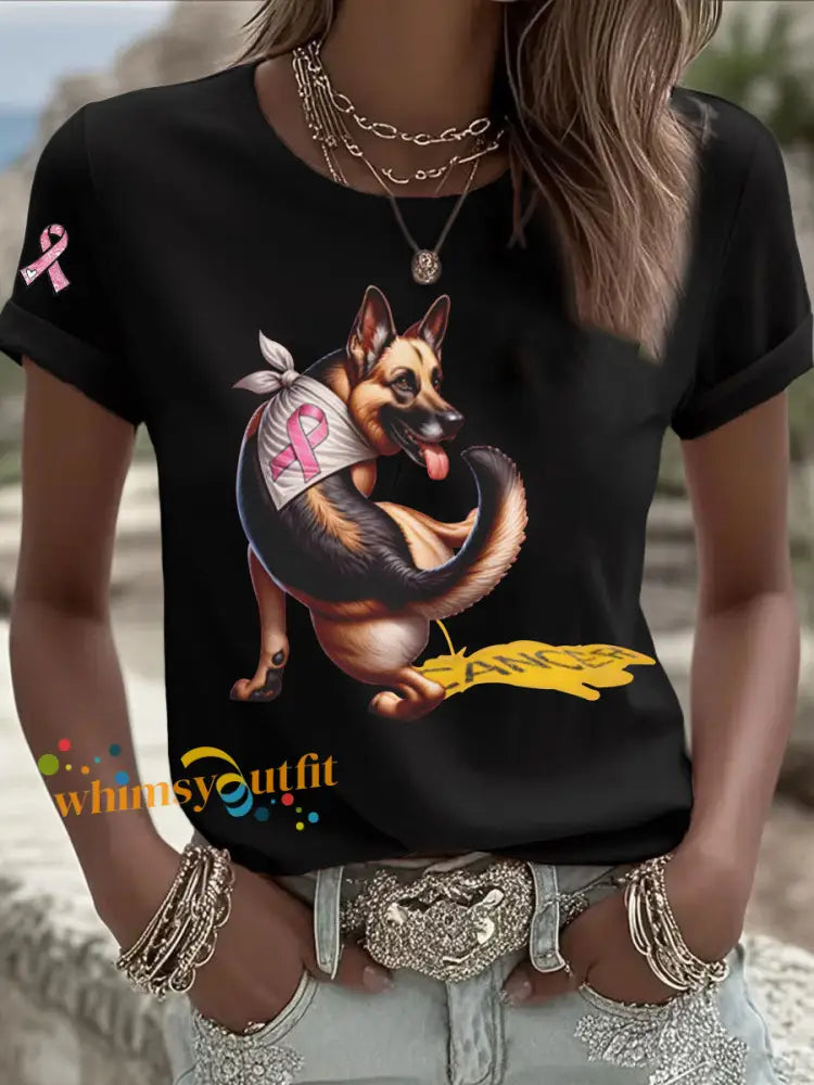 Women’s Dog Pink Ribbon Print Casual T shirt Black / S
