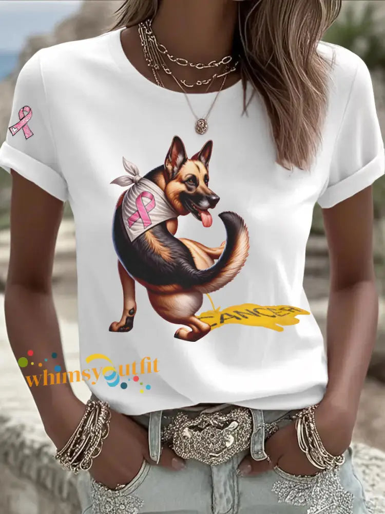 Women’s Dog Pink Ribbon Print Casual T shirt White / S