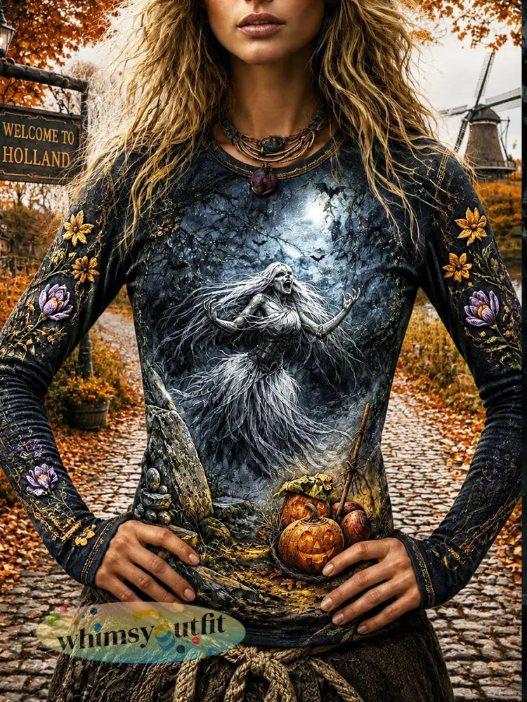 Women’s Dutch Halloween ‘White Mist’ Ghost Print Autumn Casual Long-Sleeved T-shirt - Multicolour / S