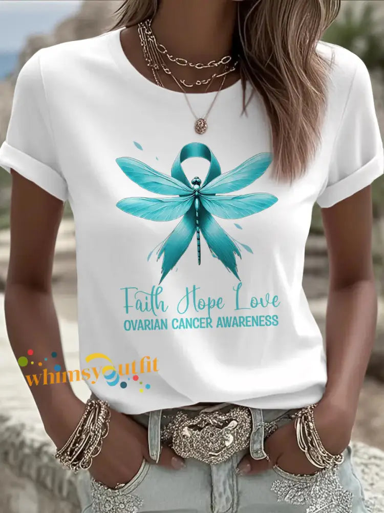 Women’s Faith Hope Love Teal Ribbon Dragonfly Print Ovarian Cancer Awareness Tee White / S