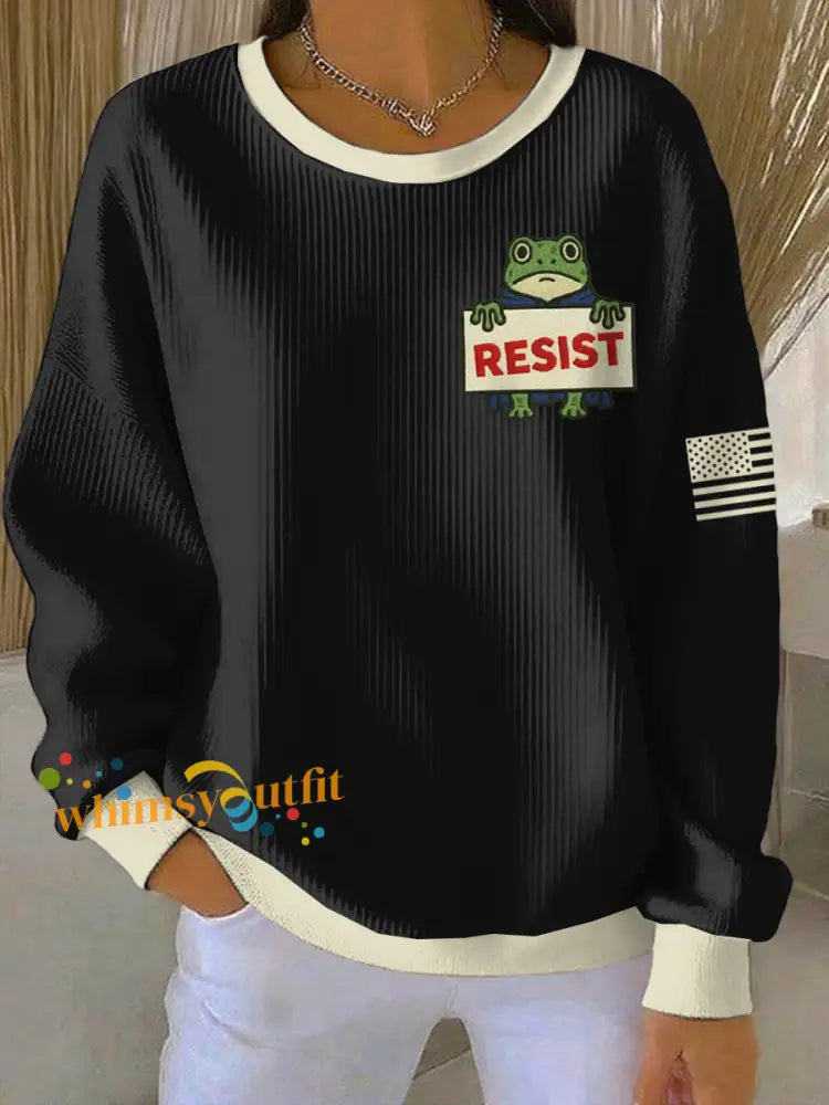 Women’s FDT Polish Frog Print Ribbed Round-Neck Sweatshirt Black / S