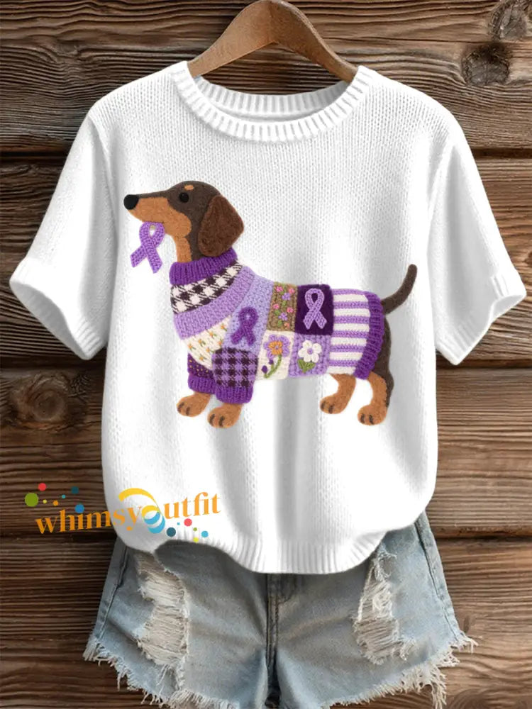 Women’s Felt Art Dachshund Pattern Cozy Knit Top White / S