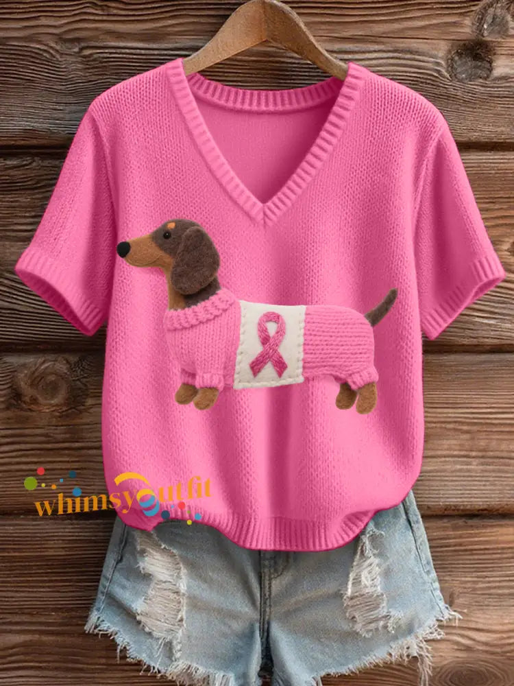 Women’s Felt Art Dachshund Pattern Cozy V Neck Knit Top Pink / S