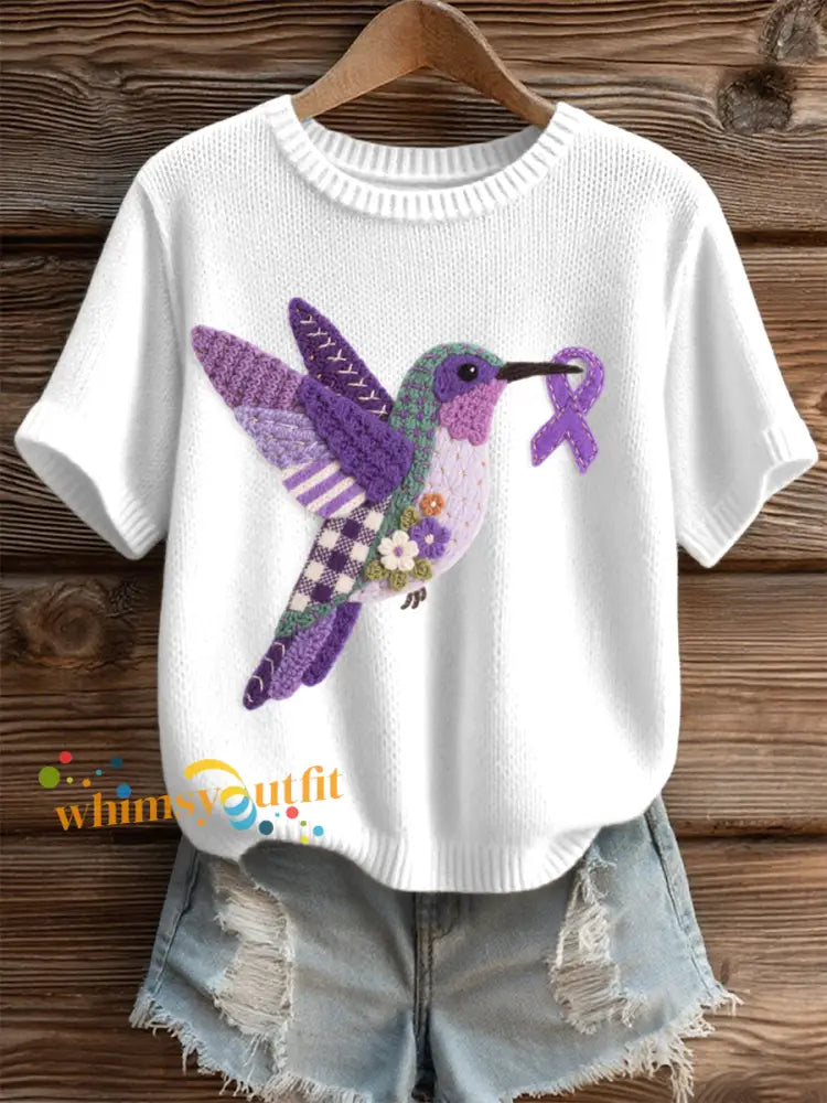 Women’s Felt Art Hummingbird Pattern Cozy Knit Top White / S