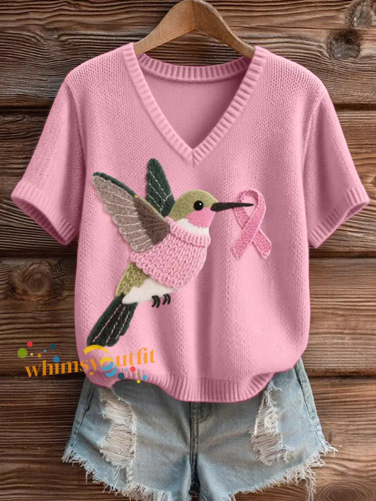 Women’s Felt Art Hummingbird Pattern Cozy V Neck Knit Top Pink / S