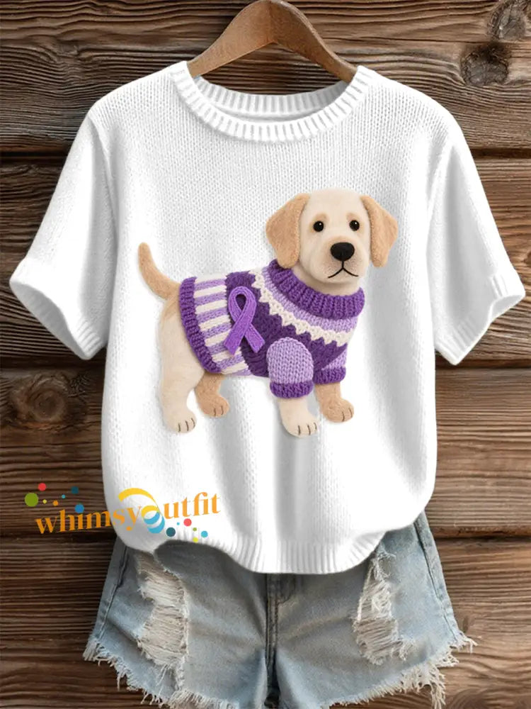 Women’s Felt Art Labrador Dog Pattern Cozy Knit Top White / S