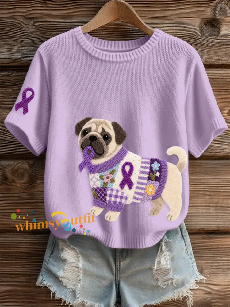 Women’s Felt Art Pug Pattern Cozy Knit Top Light Purple / S