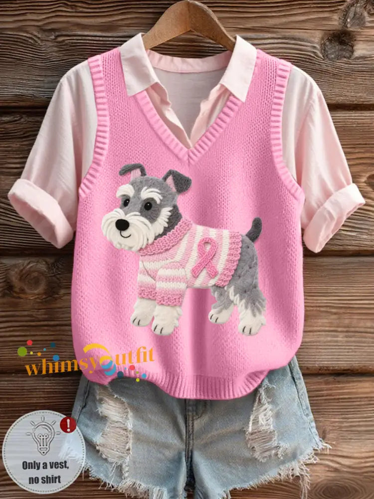 Women’s Felt Art Schnauzer Dog Pattern Cozy Knit Vest Pink / S