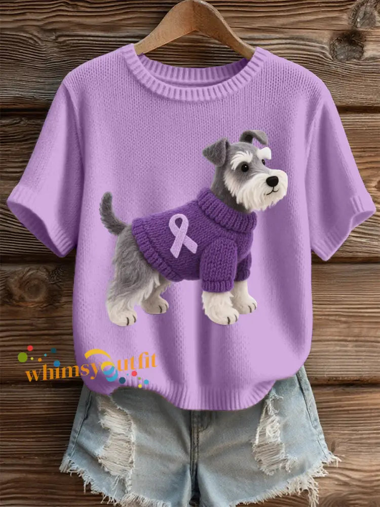 Women’s Felt Art Schnauzer Pattern Cozy Knit Top Purple / S