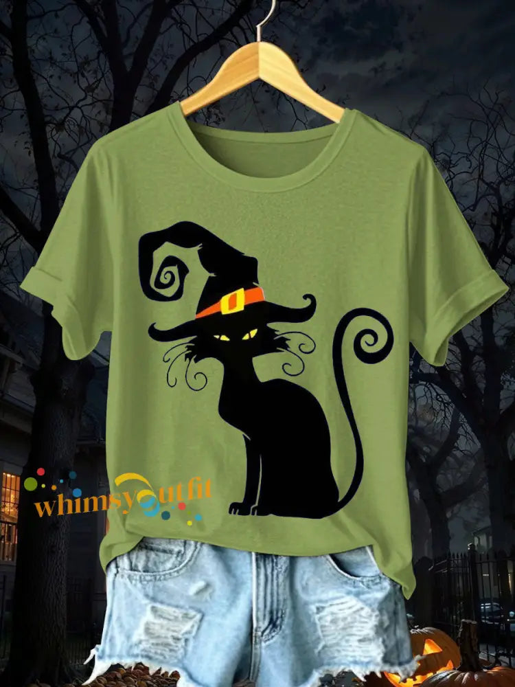 Women’s Halloween Black Cat Short Sleeve T Shirt Green / S