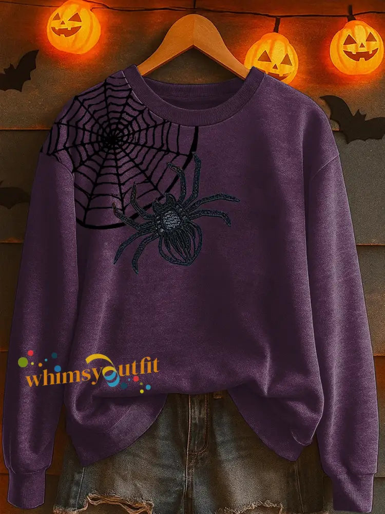 Women’s Halloween Spider Print Casual Sweatshirt Purple / S